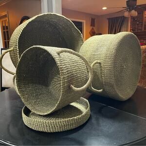 NEW Pottery Barn Round Woven Floor Nesting Storage Baskets Raffia Wicker LG Set